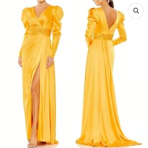 Mac‎ Duggal 12404 Sz 6 Marigold Satin Pleated Long Sleeve Gown